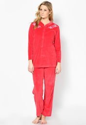 Kanvin Rose Red Velour Yoke Nightwear Set Women