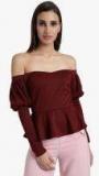 Kazo Maroon Solid Bardot Top Women