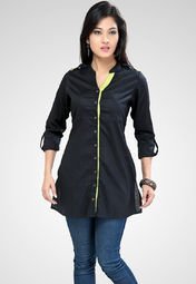 Kira Roll Up Sleeve Solid Black Tunic Women