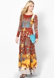 Label Ritu Kumar Viscose Jersey Maroon Printed Maxi Dress Women