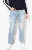 Levis Blue Straight Fit High Rise Highly Distressed Jeans Women