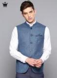 Louis Philippe Men Blue Solid Slim Fit Wool Nehru Jacket