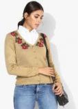 Madame Camel Brown Self Design Cardigan Women