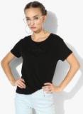 Mango Black Self Design T Shirt Women