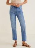 Mango Blue Straight Fit Mid Rise Clean Look Cropped Jeans Women