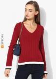 Mango Maroon Self Design Sweater Women