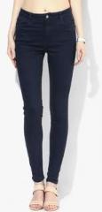 Mango Navy Blue Solid High Waist Skinny Jeans women