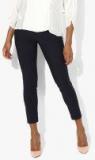 Mango Navy Blue Solid Regular Fit Coloured Pant Women