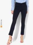 Mango Navy Blue Solid Slim Fit Formal Trouser Women