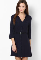 Mango Navy Solid Dress Women