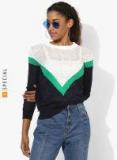 Mango White & Navy Blue Colourblocked Open Knit Pullover Women