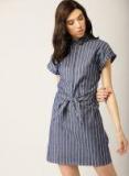 MANGO Women Navy Blue & White Chambray Striped Shirt Dress