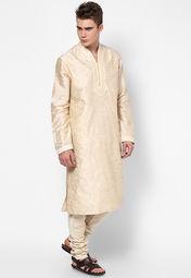 Manish Creations Printed Beige Kurta Pyjama Men