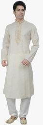 Manish Creations Solid Cream Kurta Set With Churidar Pyjama Men