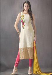 Manjaree Cream Embroidered Dress Material women