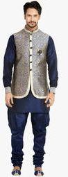 Manyavar Blue Printed Kurta Breeches Jackect And Brooch Men