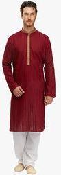 Manyavar Maroon Striped Kurta Pyjamas Men