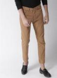 Mast & Harbour Beige Slim Fit Solid Denim Trousers Men