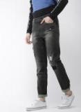 Mast & Harbour Black Slim Tapered Fit Mid Rise Mildly Distressed Stretchable Jeans Men