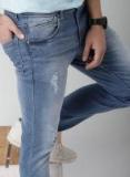 Mast & Harbour Blue Skinny Fit Mid Rise Mildly Distressed Stretchable Jeans Men