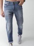 Mast & Harbour Blue Tapered Fit Mid Rise Mildly Distressed Stretchable Jeans Men