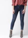 Mast & Harbour Navy Blue Skinny Fit Mid Rise Low Distress Jeans Women