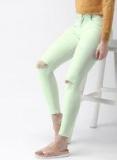 Mast & Harbour Sea Green Skinny Fit Mid Rise Slash Knee Jeans Women