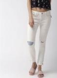 Mast & Harbour White Skinny Fit Mid Rise Low Distressed Stretchable Cropped Jeans Women