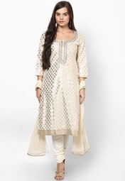 Melange Cotton Blend Off White Jacquard Suit Set Women