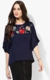 Miaminx Navy Blue Embroidered Blouse Women