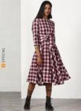 Miss Bennett Maroon Checked Fit And Flare Dress Women