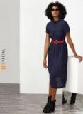 Miss Bennett Navy Blue & Brown Solid A Line Dress Women