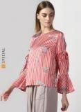 Miss Bennett Red Printed Top With Bell Sleeve Having Round Neck And Self Tie Up At Sleeves Women