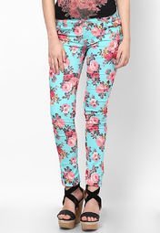 Miss Bennett Rose Garden Teal Stretch Pants Women