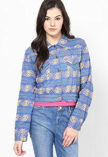 Miss Bennett Tribal Chic Sapphire Stretch Trucker Jacket women