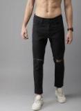 Moda Rapido Black Slim Fit Mid Rise Slash Knee Stretchable Cropped Jeans Men