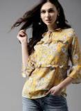 Moda Rapido Mustard Yellow & White Printed A Line Top Women