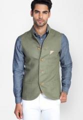 Mr Button Olive Green Linen Nehru Jacket men