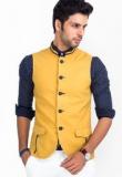 Mr Button Solid Mustard Yellow Ethnic Jacket Men