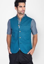 Mr Button Teal Blue Cotton Nehru Jacket With Paisley Deta Men