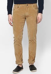 Mufti Solid Khaki Corduroy Trousers Men