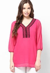 Mustard 3/4Th Sleeve Pink Georgette Tunic Women