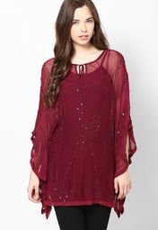 Mustard Maroon Embellished Tunic Women