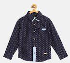 Nauti Nati Navy Blue & White Regular Fit Self Design Casual Shirt Boys