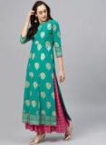 Nayo Green & Pink Printed Kurta With Skirt women