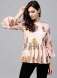 Nayo Peach Coloured & Mustard Yellow Printed A Line Top Women