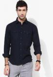 Numero Uno Navy Blue Solid Slim Fit Casual Shirt Men