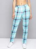 Nush Blue Relaxed Loose Fit Checked Regular Trousers Women