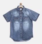 Palm Tree Blue Regular Fit Washed Denim Shirt Boys