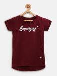 Palm Tree Burgundy Solid Round Neck T Shirt With Printed Detail Girls